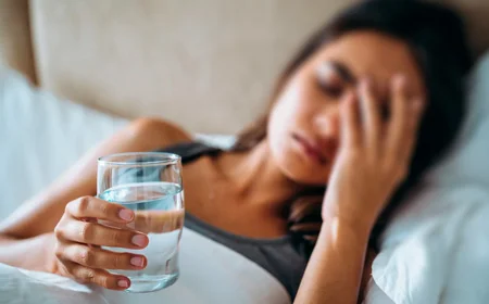 Девушка лежа держит стакан воды